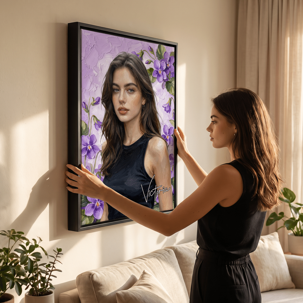 Gepersonaliseerde fotodoeken in olieverfstijl met geboortebloem en naam – woondecoratie en verjaardagscadeau voor familie en vrienden 3