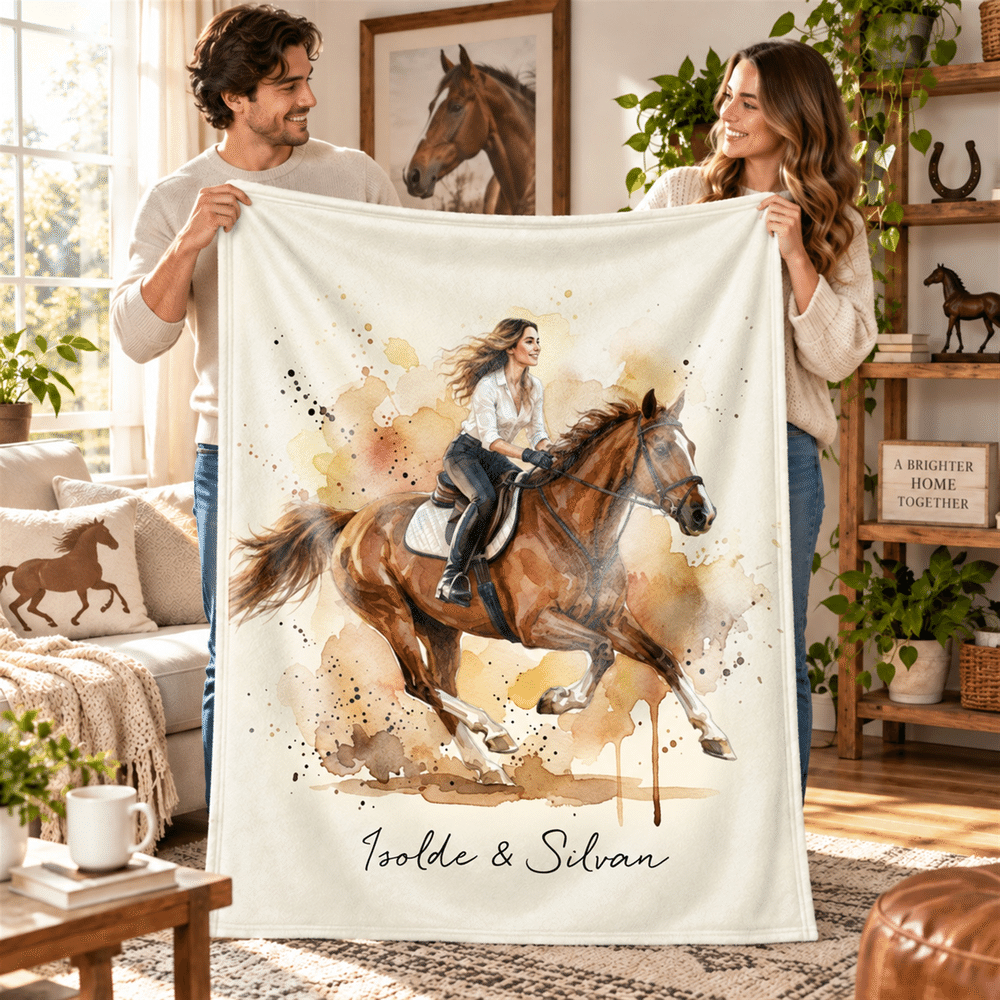 Personalized Watercolor Horse Portrait Photo Soft Throw Blanket with Text Birthday Christmas Gift for Horse Lovers 4