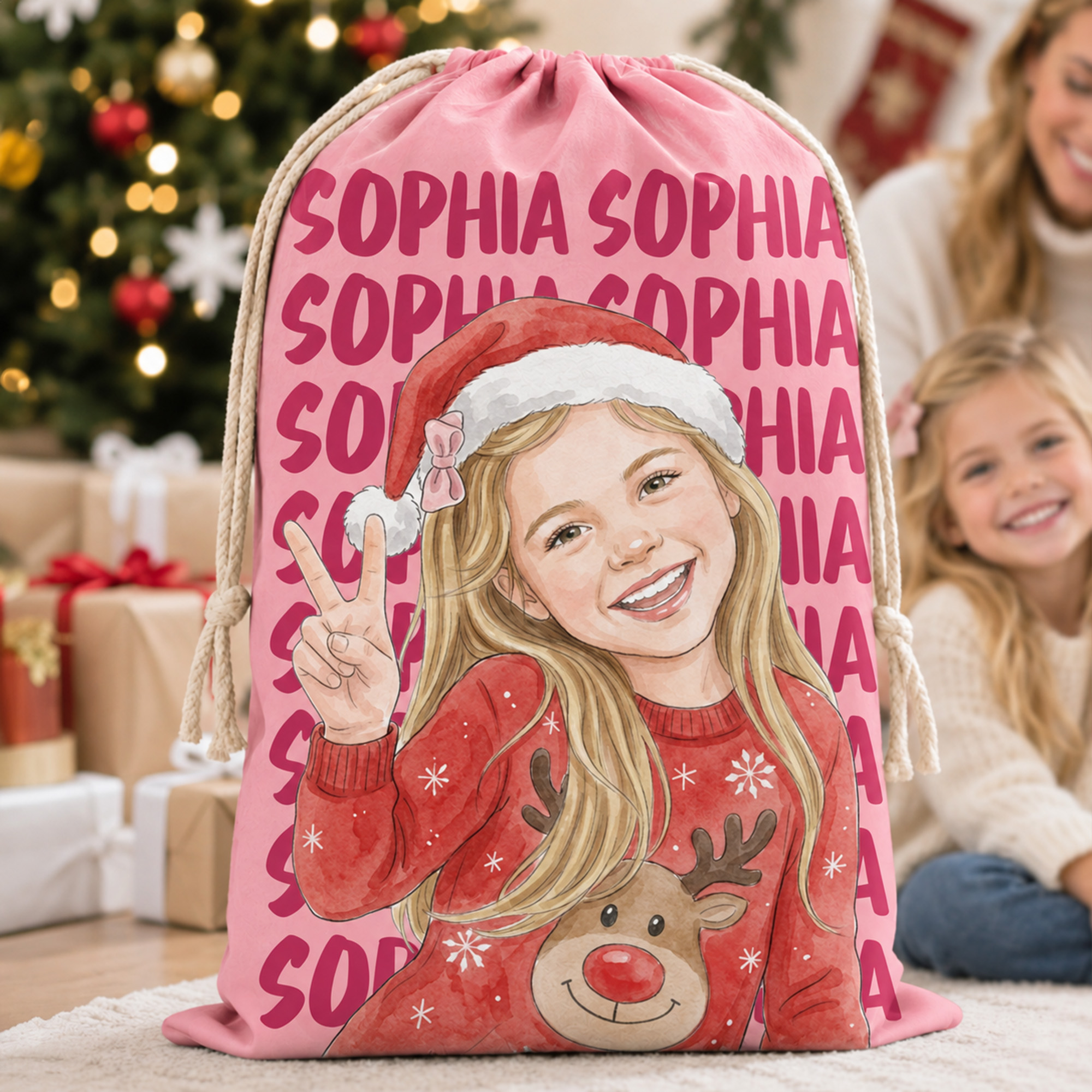 Personalisierte Geschenktüte aus Leinwand im Aquarellstil mit Zugschnur und Namensaufdruck – Weihnachtsgeschenk für Kinder zur Heiligabend-Party