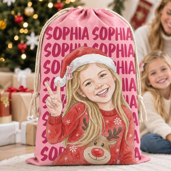 Personlig presentpåse med dragsko i akvarellstil med foto på duk – julklapp till barn inför julaftonsfesten