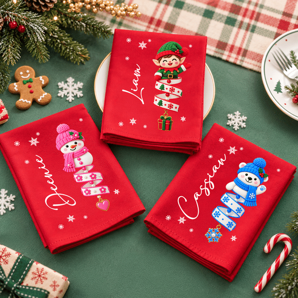 Personalized Cartoon Christmas Character 100% Cotton Red Napkin with Name Table Decor Christmas Party Gift for Kids Family