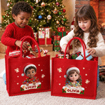 Personalised 3D-Effect Artwork Christmas Lights Wrapped Large Linen Tote Bag with Name and Photo Christmas Party Gift for Kids Family Friends