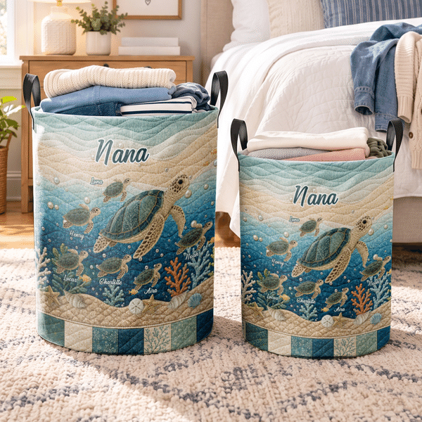 Personalized 1-10 Sea Turtles Large Capacity Storage Laundry Basket with Names Room Decor Birthday Gift for Sea Turtle Lovers Kids
