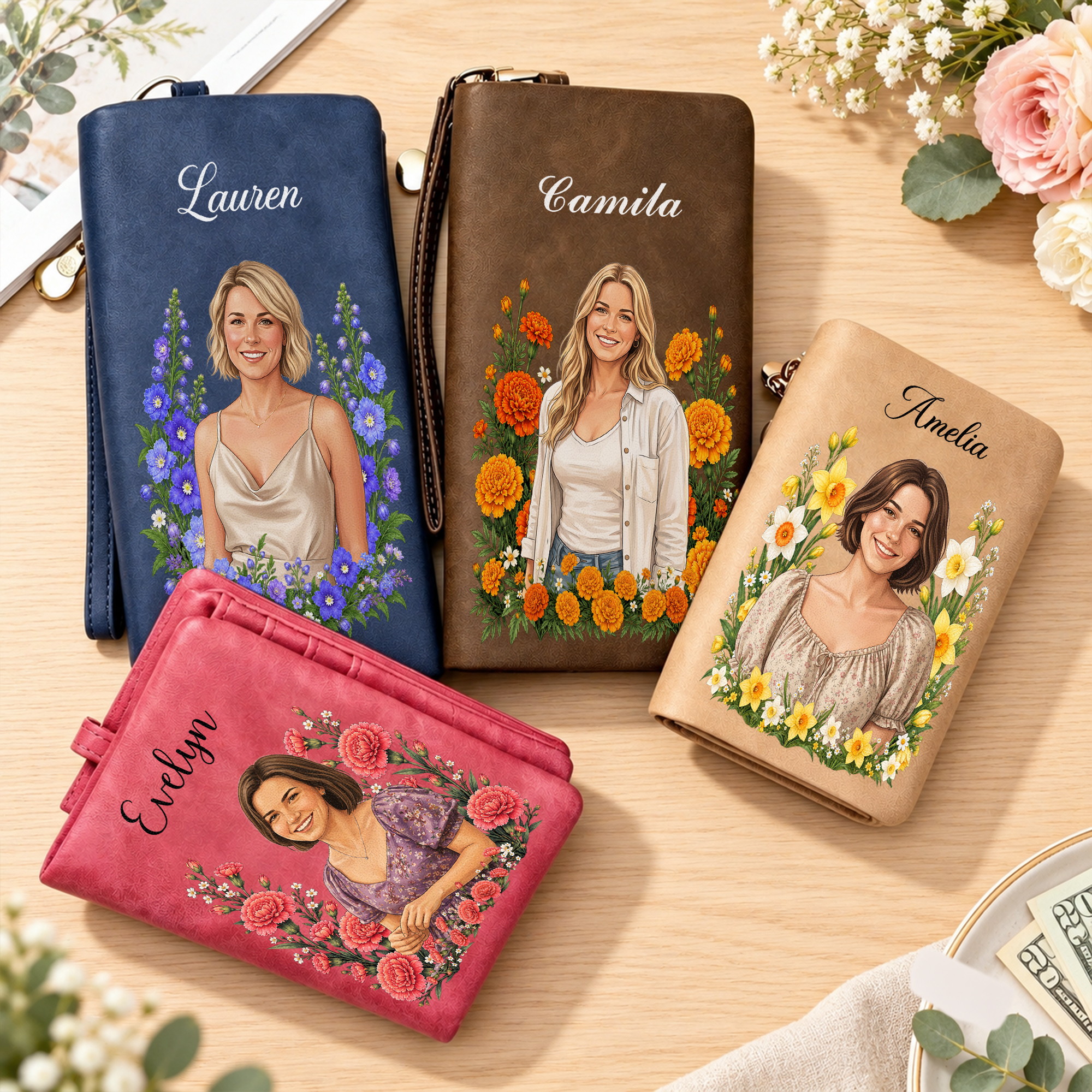 Individuell gestaltete Geldbörse aus PU-Leder im „Birth Flower“-Design mit Handgelenkband und Namenszug – für den täglichen Gebrauch, als Geburtstagsgeschenk für beste Freunde, Freunde und Familie