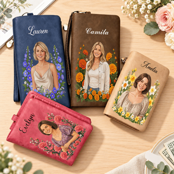 Personalized Birth Flower Aesthetic Photo PU Leather Tri-Fold Wallet with Wrist Strap and Name Daily Use Birthday Gift for Besties Friends Family