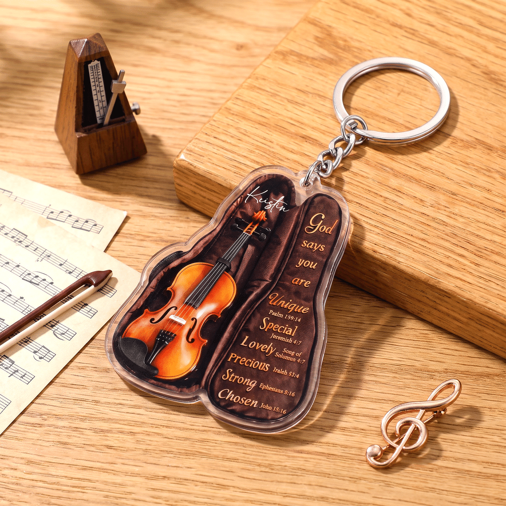 Gepersonaliseerde acryl-sleutelhanger met 3D-effect in de vorm van een gitaar of viool, met naam; geschikt voor dagelijks gebruik, verjaardags- of kerstcadeau voor violisten en gitaristen 3