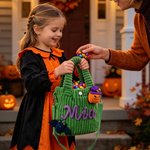 Gepersonaliseerde, griezelige handtas van corduroy met vleermuis, pompoen en spookmotief, ‘Trick-or-Treat’-opdruk en naam – Halloween-cadeau voor kinderen