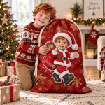 Personalized 3D-Effect Artwork Cartoon Santa Claus Photo Canvas Drawstring Gift Bag with Name Christmas Party Gift for Boys Girls