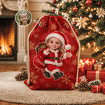 Personalized 3D-Effect Artwork Cartoon Santa Claus Photo Canvas Drawstring Gift Bag with Name Christmas Party Gift for Boys Girls