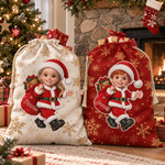 Personalized 3D-Effect Artwork Cartoon Santa Claus Photo Canvas Drawstring Gift Bag with Name Christmas Party Gift for Boys Girls