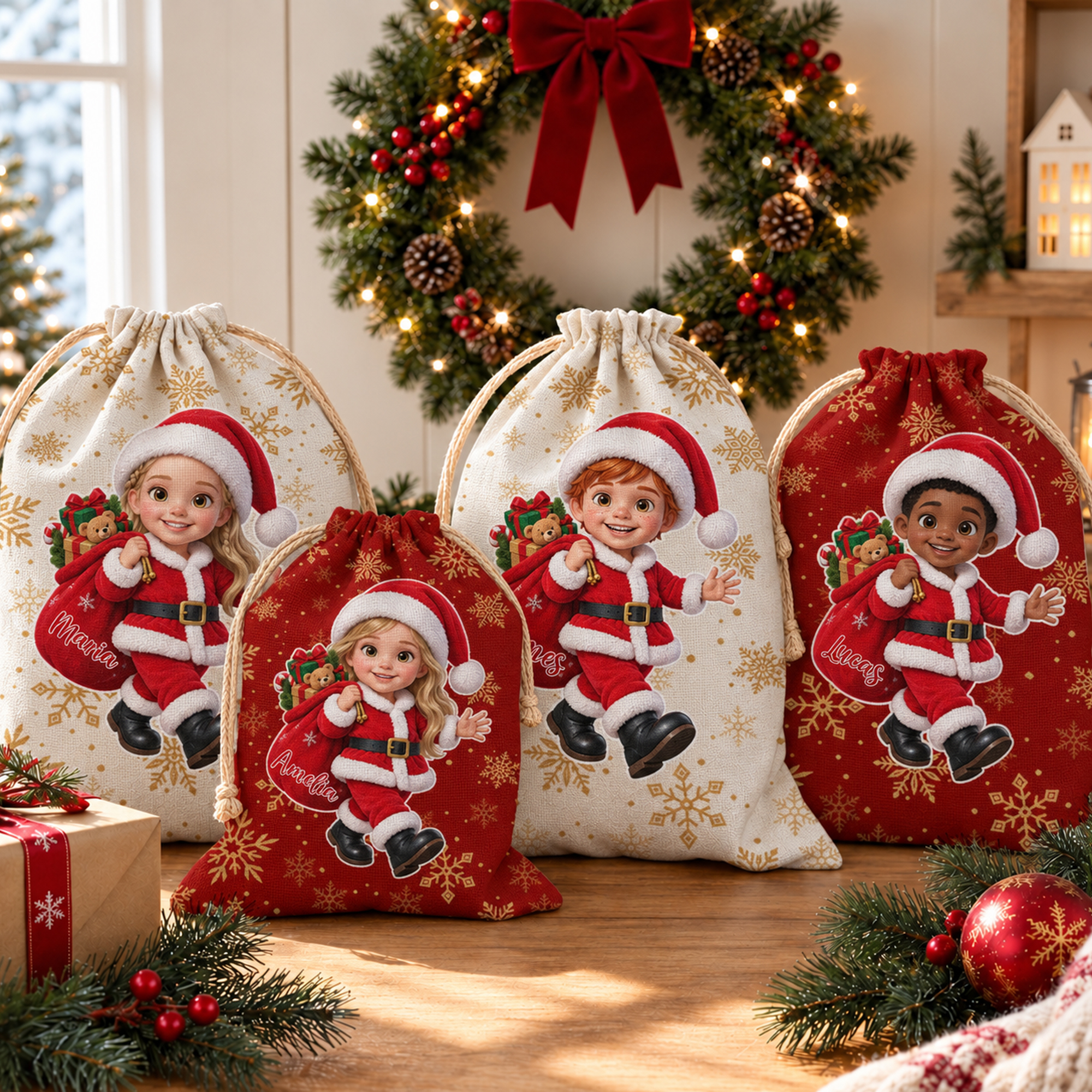 Personalisierte Fotoleinwand mit 3D-Effekt und Weihnachtsmann-Motiv im Cartoon-Stil, Geschenktüte mit Kordelzug und Namensaufdruck – Weihnachtsgeschenk für Jungen und Mädchen