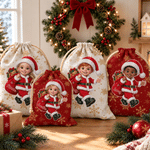 Personalized 3D-Effect Artwork Cartoon Santa Claus Photo Canvas Drawstring Gift Bag with Name Christmas Party Gift for Boys Girls