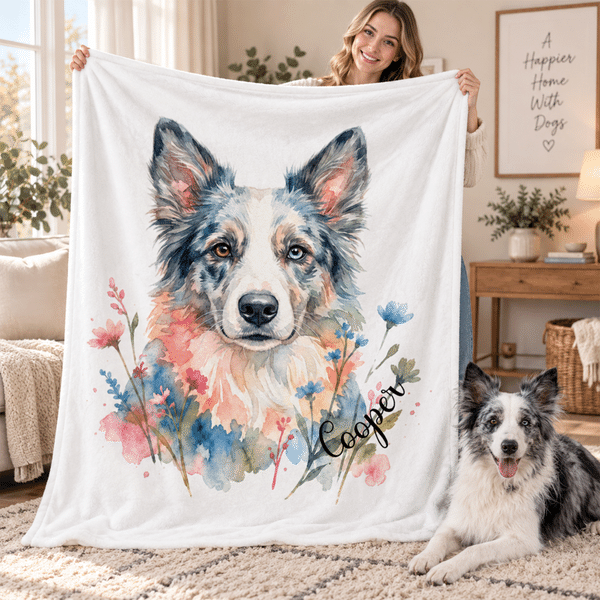 Personalized Watercolor Style Floral Pet Portrait  Soft Throw Blanket with Name and Photo Home Decor Christmas Birthday Gift for Pet Owners