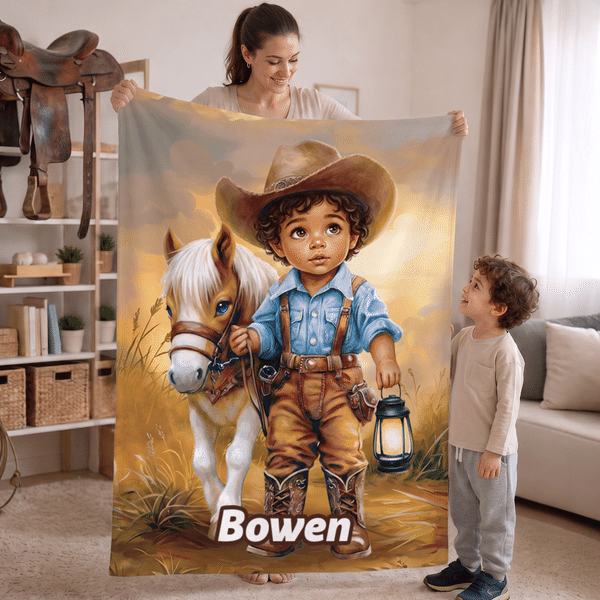Manta suave personalizada con foto de vaquero o vaquera del Oeste y un poni, con nombre, para decoración del hogar y regalo de cumpleaños para niños y niñas