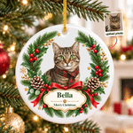Personalised Watercolor Pet Portrait Christmas Wreath Ceramic Ornament with Name and Photo Home Decor Gift for Pet Lovers Family