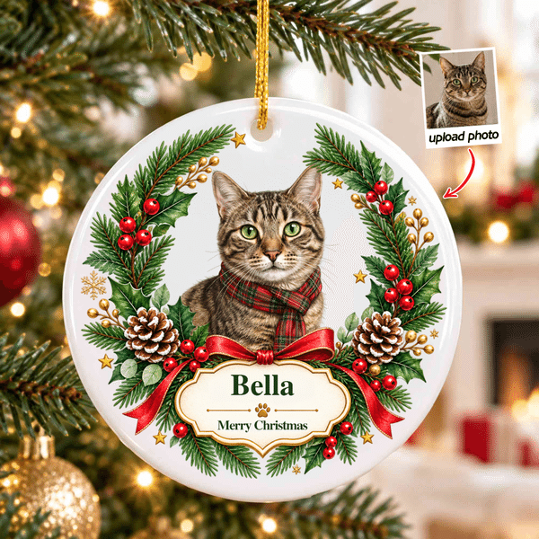 Personalized Watercolor Pet Portrait Christmas Wreath Ceramic Ornament with Name and Photo Home Decor Gift for Pet Lovers Family