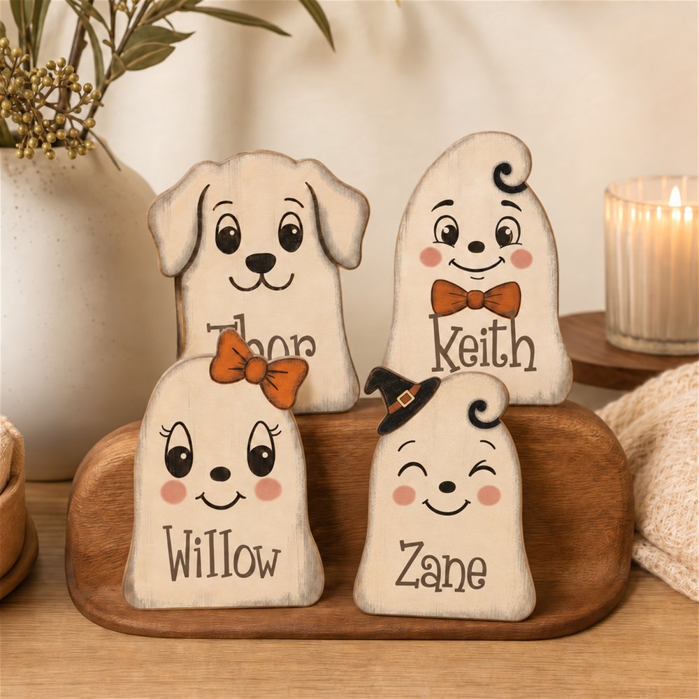 Personalised Cute Ghost Design Wooden Block Ornament with Name Vintage Halloween Indoor Decor Housewarming Gift for Family Friends 3