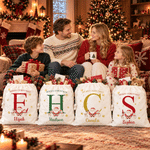 Personalized Cute Cartoon Santa Claus Reusable Canvas Drawstring Gift Bag with Name Merry Christmas Gift for Kids Family