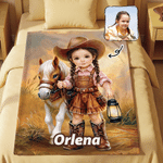 Manta suave personalizada con foto de vaquero o vaquera del Oeste y un poni, con nombre, para decoración del hogar y regalo de cumpleaños para niños y niñas