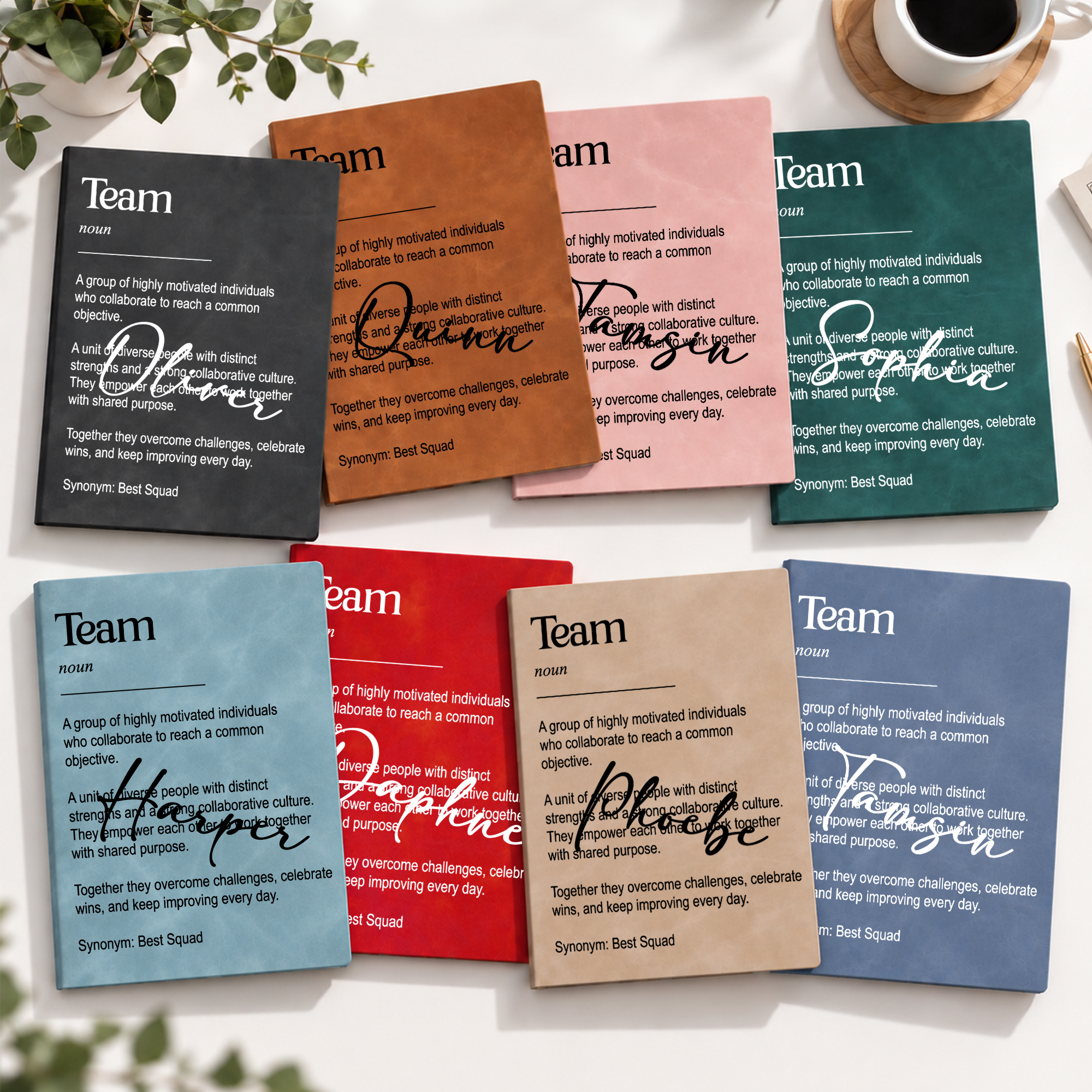 Personalisiertes, minimalistisches Team-Notizbuch im A5-Format aus PU-Leder mit Namensaufdruck – für den Büroalltag, als Geburtstags- oder Weihnachtsgeschenk für Kollegen und Freunde