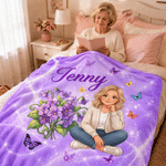 Personalized Birth Flower Butterfly 3D-Effect Artwork Cartoon Woman Character Photo Soft Throw Blanket with Name Christmas Gift for Book Lover