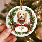 Personalised Watercolor Pet Portrait Christmas Wreath Ceramic Ornament with Name and Photo Home Decor Gift for Pet Lovers Family