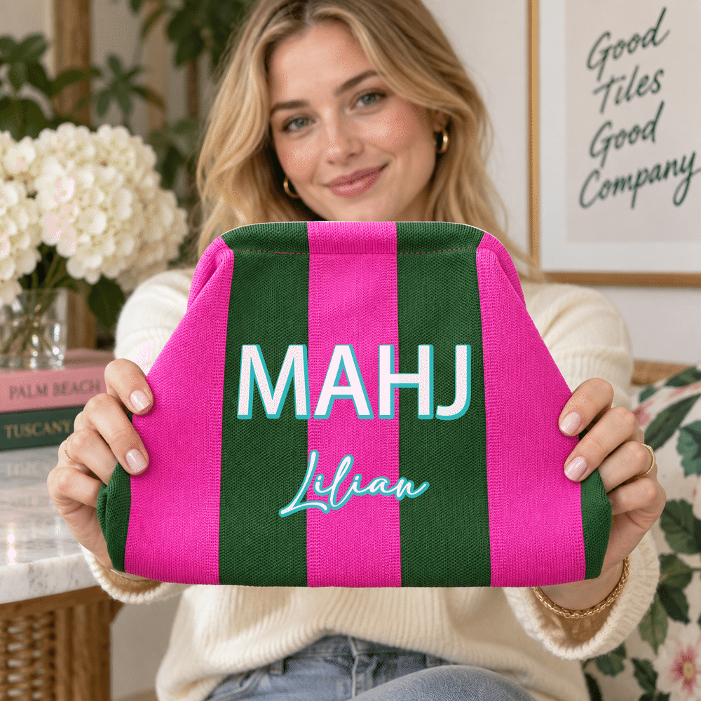 Pochette de rangement personnalisée MAHJ multicolore à rayures pour mah-jong, avec prénom et fermeture à pression « Kiss Lock » : cadeau d'anniversaire idéal pour les soirées de jeu, destiné aux joueurs et amateurs de mah-jong 7