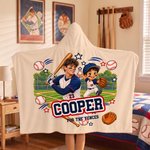Manta con capucha personalizada con foto de un personaje de dibujos animados relacionado con el deporte, con nombre y texto. Decoración para el hogar. Regalo de cumpleaños, Navidad y otras fiestas para niños y amigos. 1