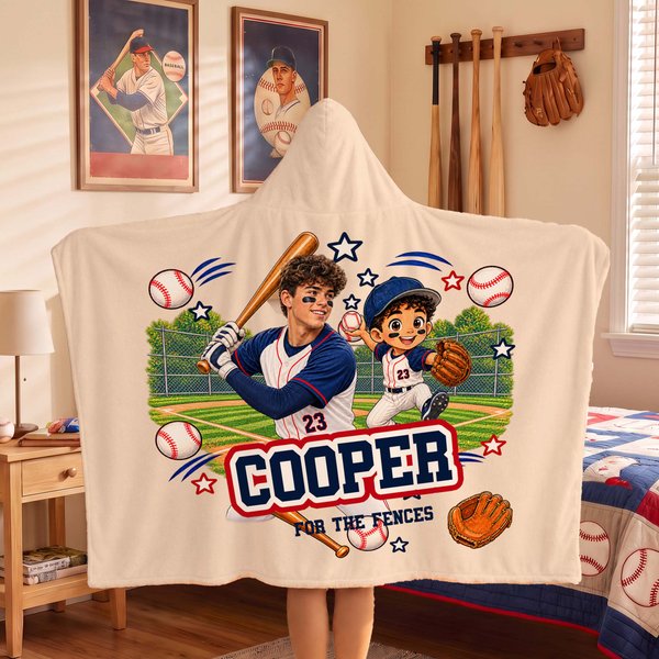 Manta con capucha personalizada con foto de un personaje de dibujos animados relacionado con el deporte, con nombre y texto. Decoración para el hogar. Regalo de cumpleaños, Navidad y otras fiestas para niños y amigos.