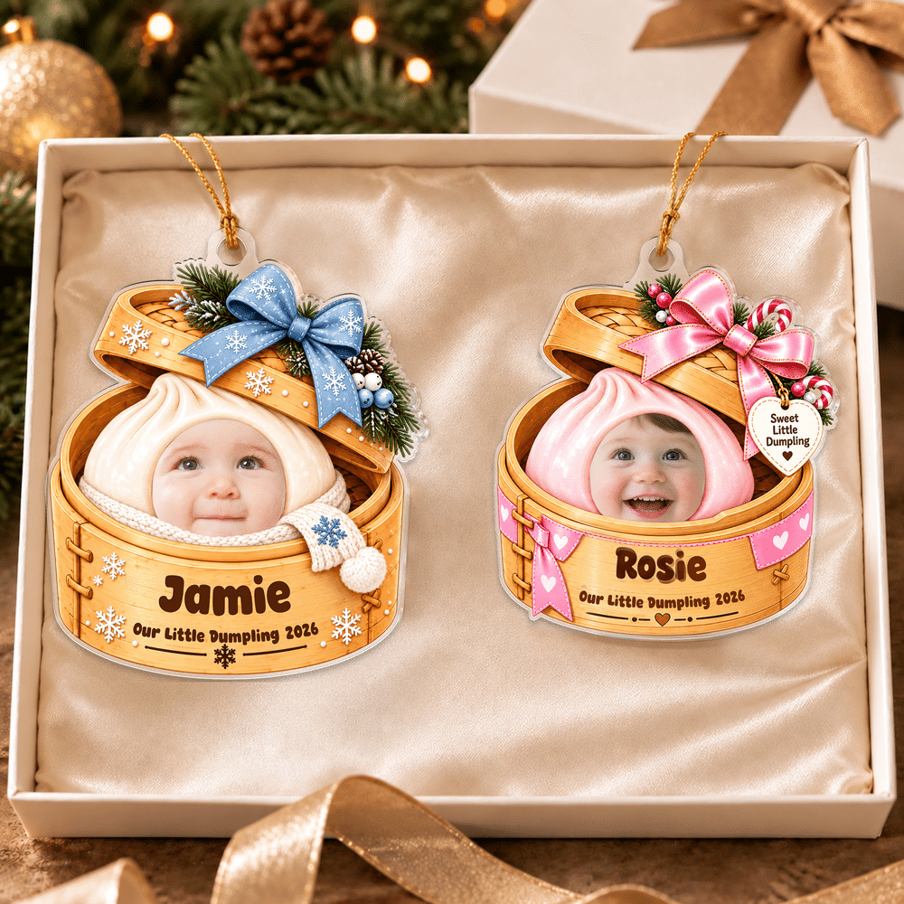 Decorazione natalizia personalizzata in acrilico a forma di gnocchetto al vapore con foto del bambino, nome e anno: decorazione per l'albero di Natale e regalo di Natale per neonati e genitori 7