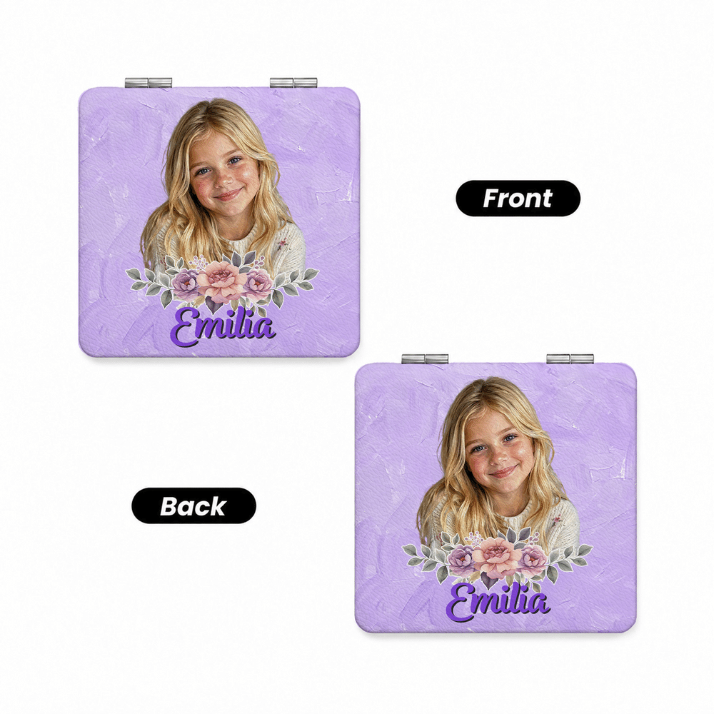 Personalized Oil Painting Style Photo PU Leather Heart Round Square Makeup Mirror with Name Birthday Anniversary Gift for Woman Wife Mother 7