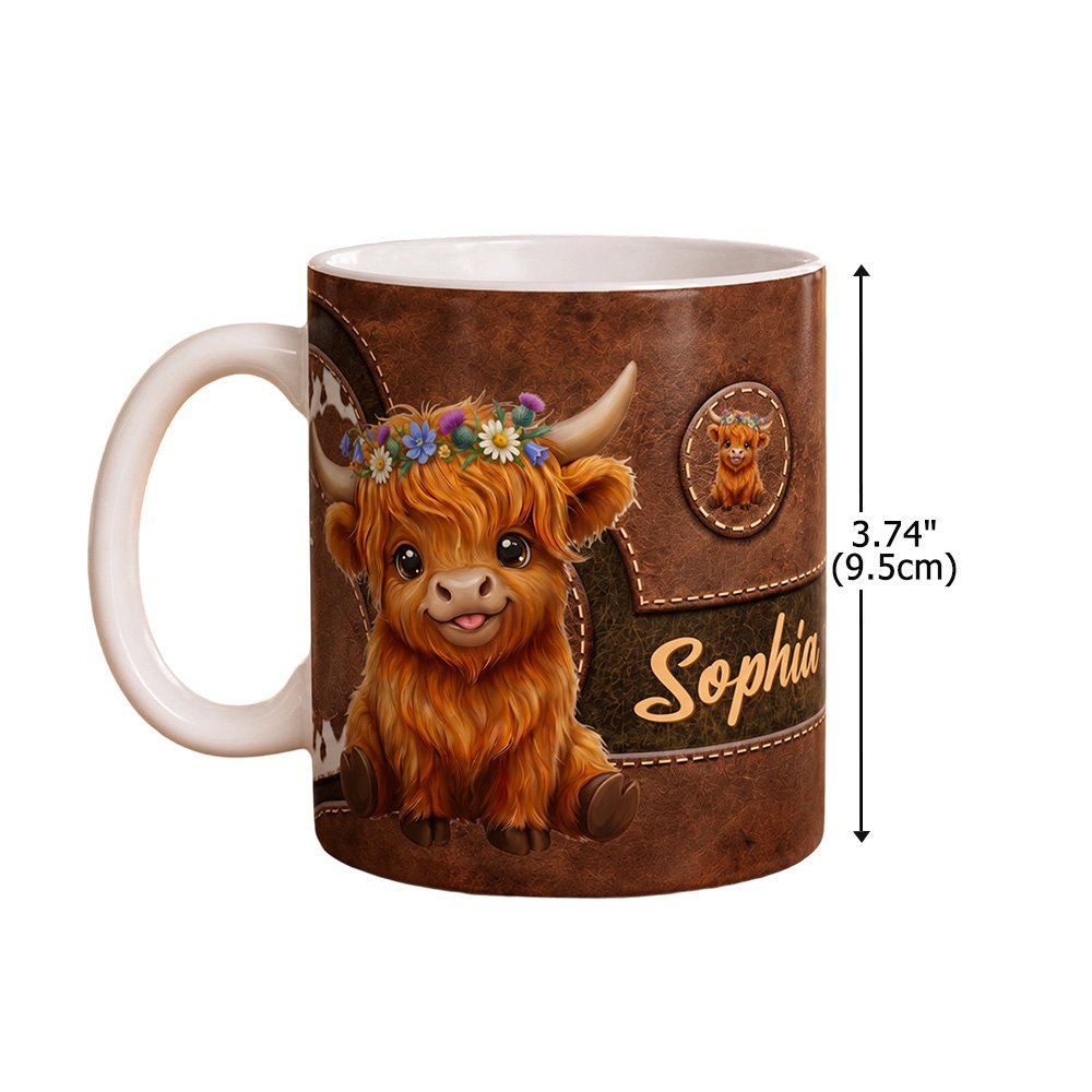 Tazza da caffè in ceramica da 11 oz con motivo vintage personalizzato in pelle raffigurante una mucca delle Highlands e nome inciso: regalo di compleanno per l'uso quotidiano, ideale per gli amanti delle mucche delle Highlands e per gli amici 8