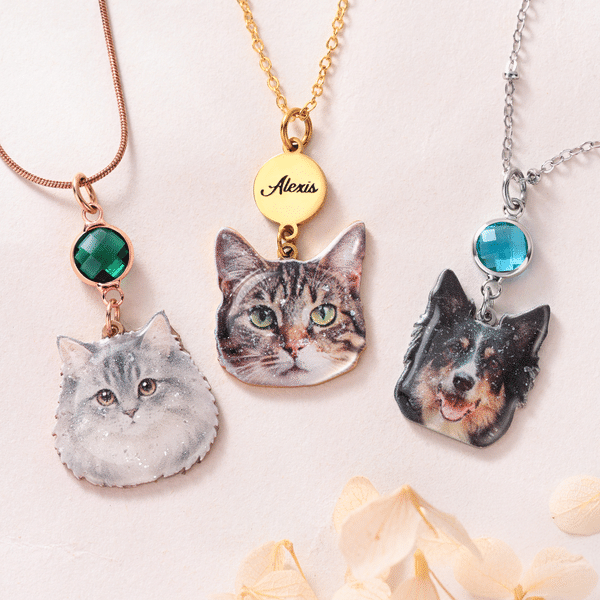 Personalized Birthstone Name Charm Glitter Pet Portrait Photo Pendant Necklace Birthday Gift for Dog Cat Lovers