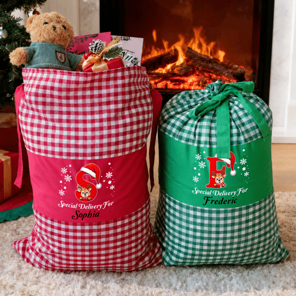 Personalized Plaid Christmas Reindeer Snowflake Christmas Gift Bag with Name and Initial Christmas Gift for Child Boy Girl