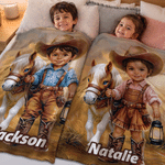 Manta suave personalizada con foto de vaquero o vaquera del Oeste y un poni, con nombre, para decoración del hogar y regalo de cumpleaños para niños y niñas