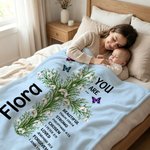 Personalised Birth Flower Cross Bible Verse Cosy Throw Blanket with Name Home Decor Christmas Birthday Gift for Family Christian