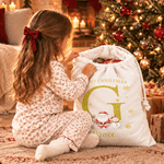 Personalized Cute Cartoon Santa Claus Reusable Canvas Drawstring Gift Bag with Name Merry Christmas Gift for Kids Family