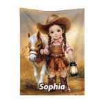 Manta suave personalizada con foto de vaquero o vaquera del Oeste y un poni, con nombre, para decoración del hogar y regalo de cumpleaños para niños y niñas