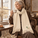 Sciarpa morbida e calda con disegno personalizzato con iniziale e fiore del mese di nascita, con nome e nappina: accessorio invernale, regalo di Natale o di compleanno per donna, mamma o nonna