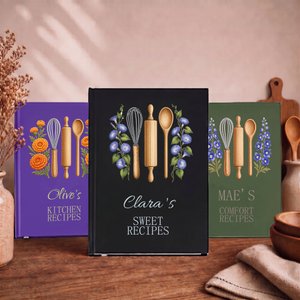 Personalised Minimalist Embroidery Effect Artwork Baking Tools Birth Flower Notebook with Name Kitchen Planner Birthday Gift for Cooking Lovers Mum