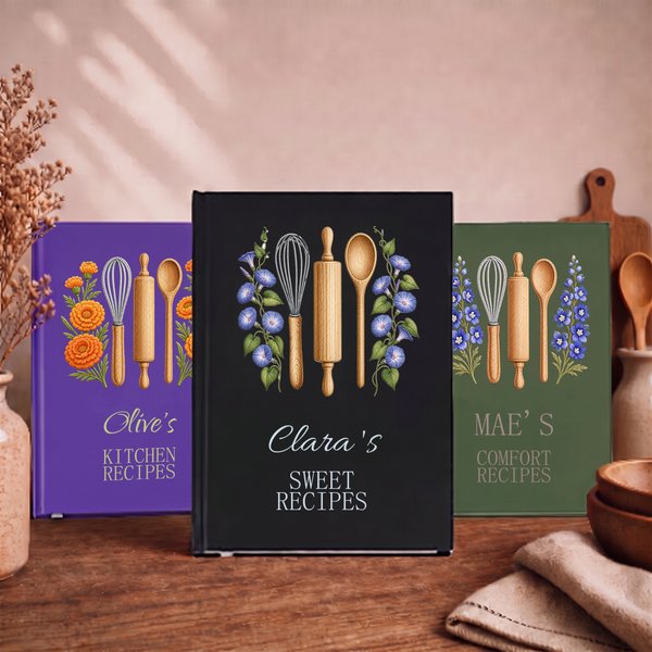 Personalized Minimalist Embroidery Effect Artwork Birth Flower Notebook with Name Kitchen Use Birthday Gift for Cooking Lovers Mom