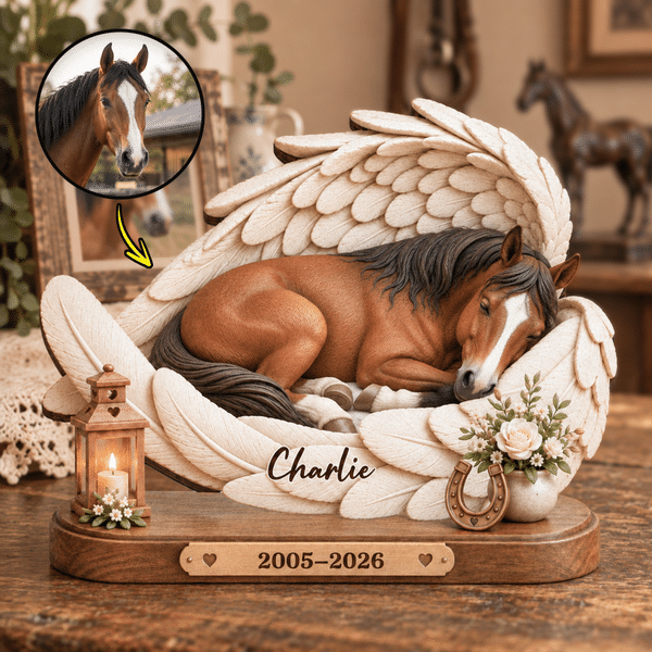 Placa de madera personalizada con diseño artístico de alas de ángel y foto de un caballo con efecto 3D, con nombre y año. Decoración para el hogar y regalo conmemorativo para mascotas, ideal para propietarios de caballos.