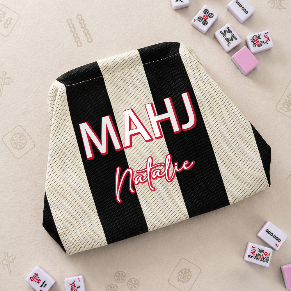 Pochette de rangement personnalisée MAHJ multicolore à rayures pour mah-jong, avec prénom et fermeture à pression « Kiss Lock » : cadeau d'anniversaire idéal pour les soirées de jeu, destiné aux joueurs et amateurs de mah-jong 3
