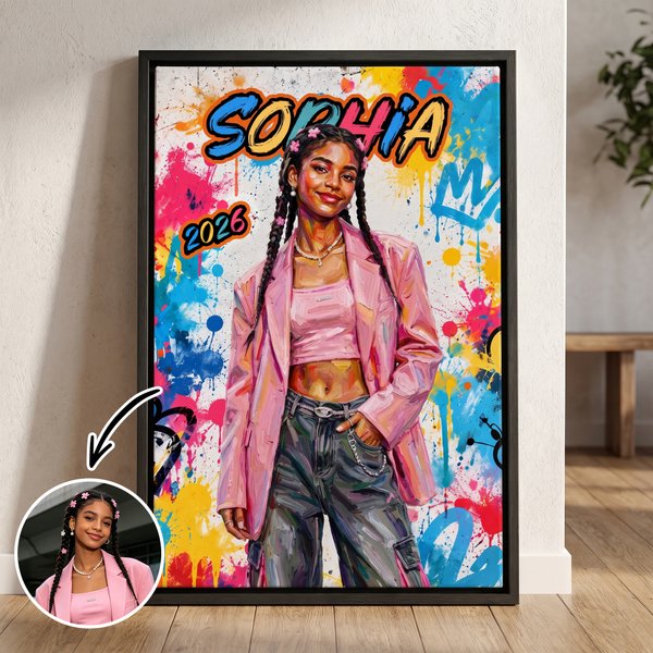 Gepersonaliseerde, trendy fotodoeken in olieverfstijl met graffiti-motief, voorzien van naam en jaartal – woondecoratie en verjaardagscadeau voor graffitiliefhebbers