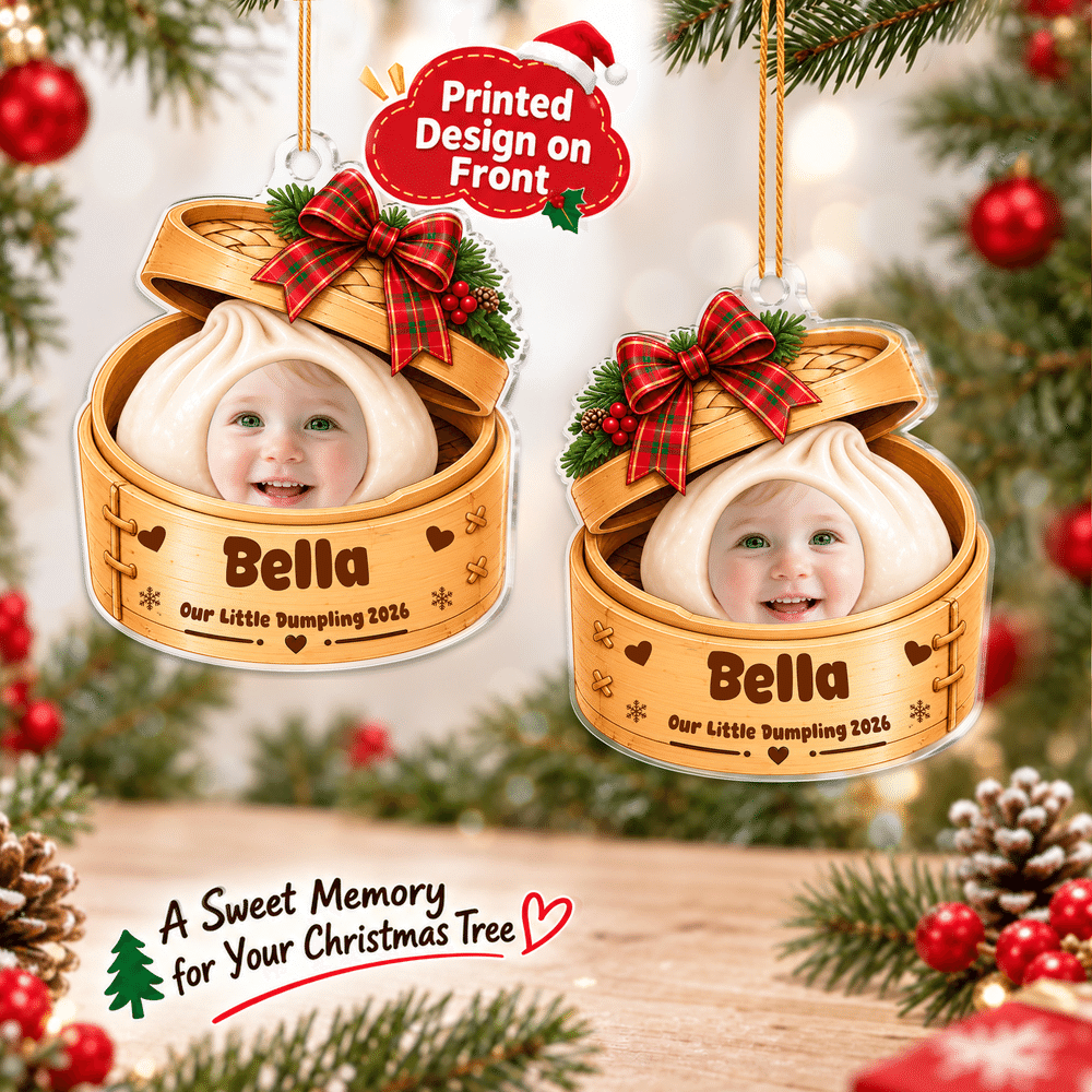 Decorazione natalizia personalizzata in acrilico a forma di gnocchetto al vapore con foto del bambino, nome e anno: decorazione per l'albero di Natale e regalo di Natale per neonati e genitori 9