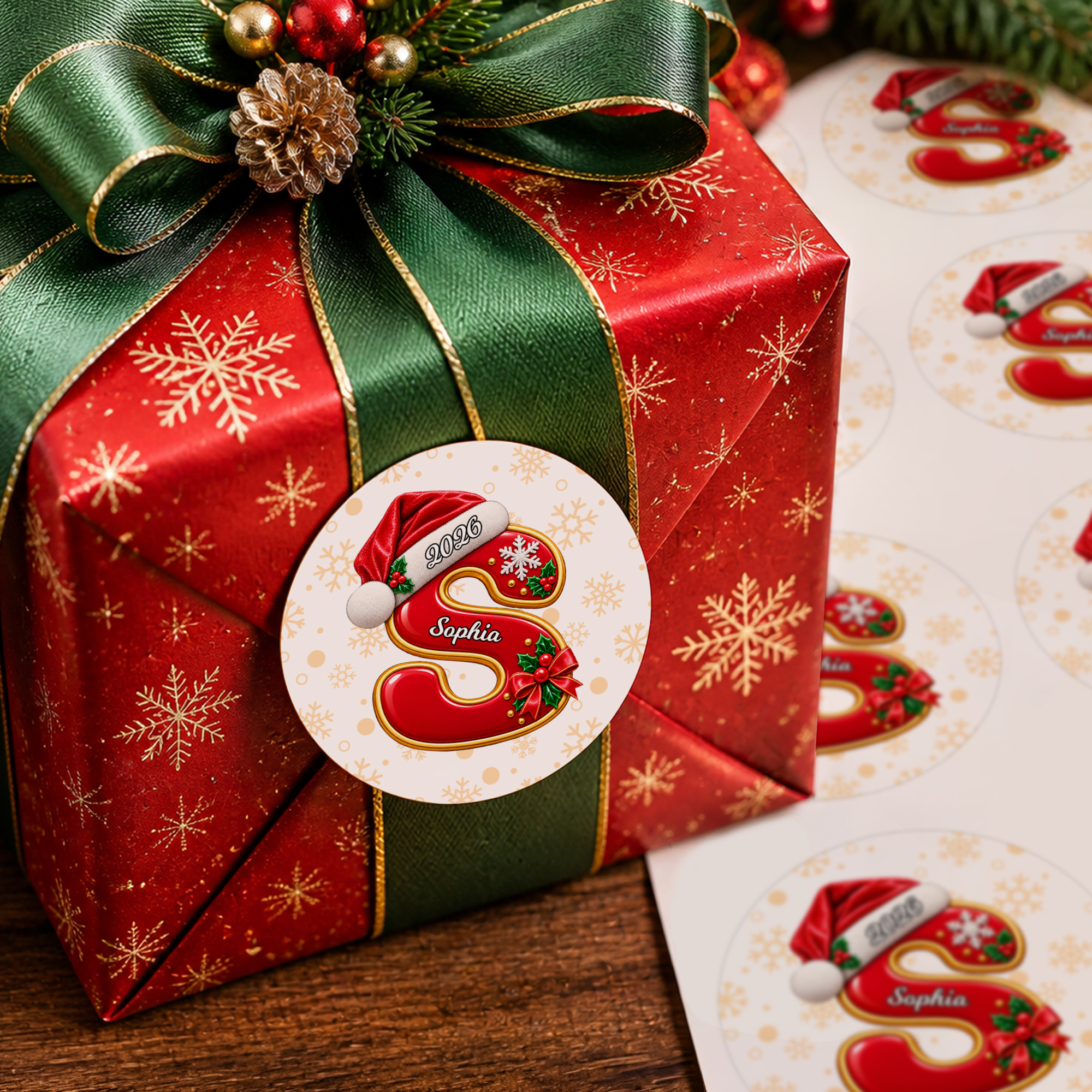 Personalisierte Weihnachtsmützen-Aufkleber mit Initialen, 4 Formen, Namen und Jahreszahl – Geschenkdekoration, Weihnachtsgeschenk für Kinder und Freunde