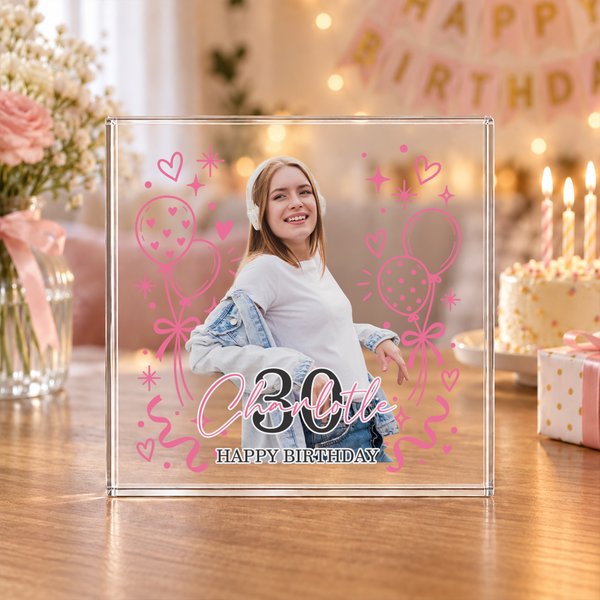 Personalised Balloon Heart Milestone Photo Square Acrylic Plaque with Name and Number Table Decor Birthday Party Gift for Besties Family Couple Kids