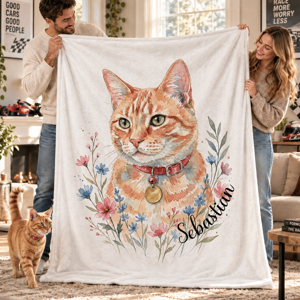 Personalized Watercolor Style Floral Pet Portrait Soft Throw Blanket with Name and Photo Home Decor Christmas Birthday Gift for Pet Owners 4