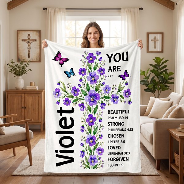 Personalised Birth Flower Cross Bible Verse Cosy Throw Blanket with Name Home Decor Christmas Birthday Gift for Family Christian