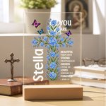 Personalized Cross Bible Verse Birth Flower You Are Loverd Acrylic LED Night Light with Wooden Base Birthday Baptism Gift for Christians Kids